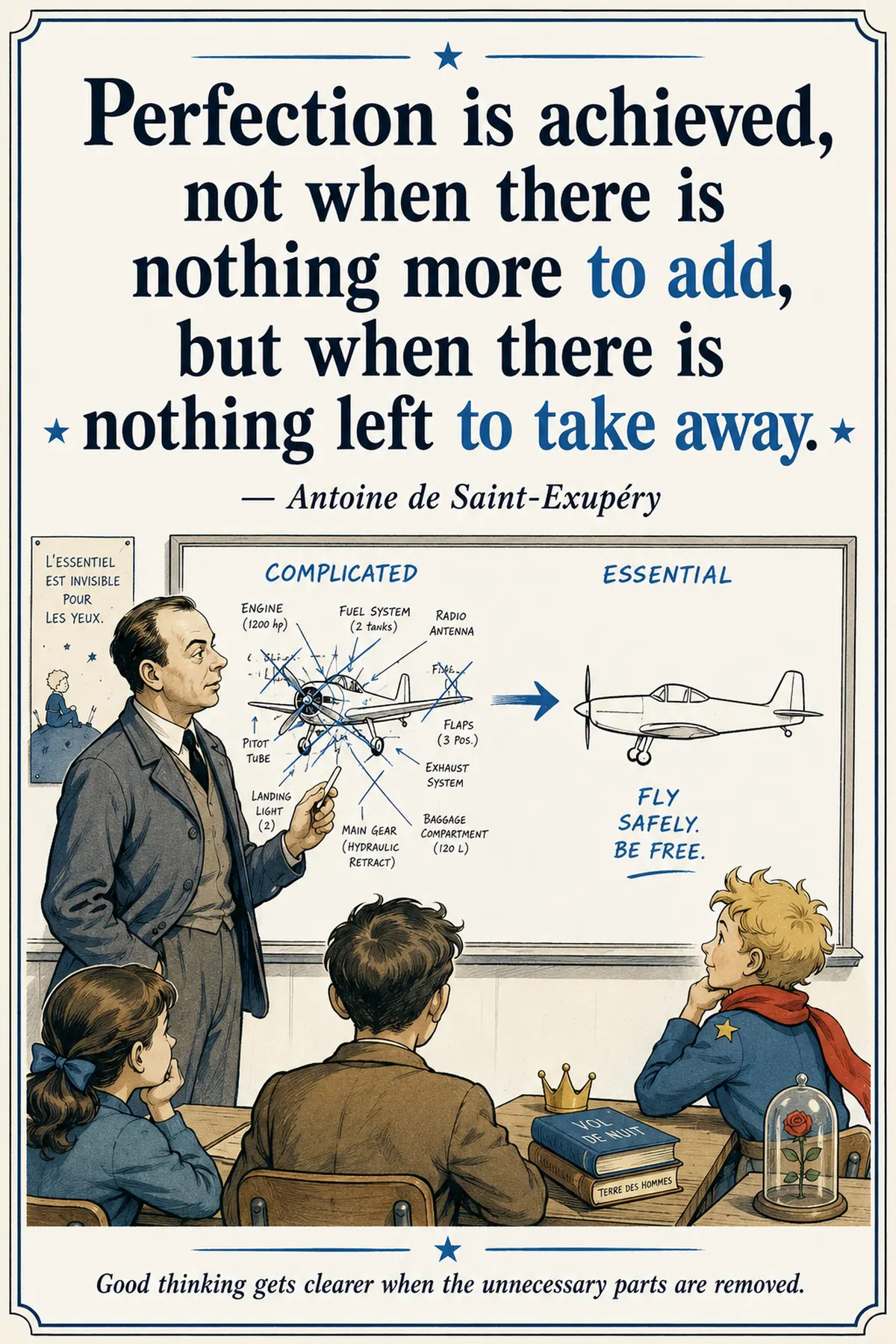 Classroom quotation poster: Antoine de Saint-Exupéry, perfection is achieved when nothing remains to take away