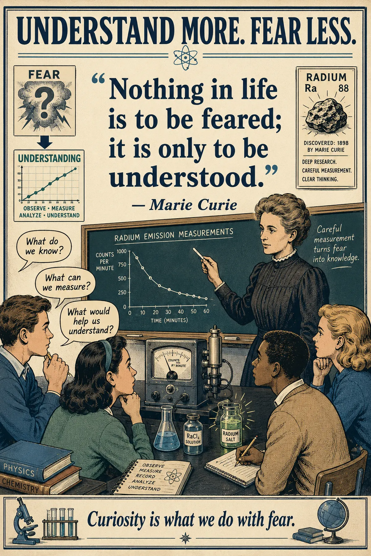 Classroom quotation poster: Marie Curie, understand more and fear less